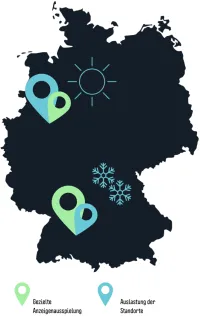 Deutschlandkarte mit Markierungen für gezielte Anzeigenausspielung und Standortauslastung. Wetter- und Schneesymbole zeigen externe Signale, die in die standortbasierte Budgetoptimierung einfließen.